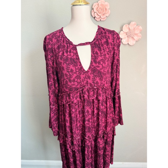 American Eagle Outfitters Dresses & Skirts - American Eagle Outfitters Floral Print Tiered Ruffle Dress Keyhole Tassel Tie L